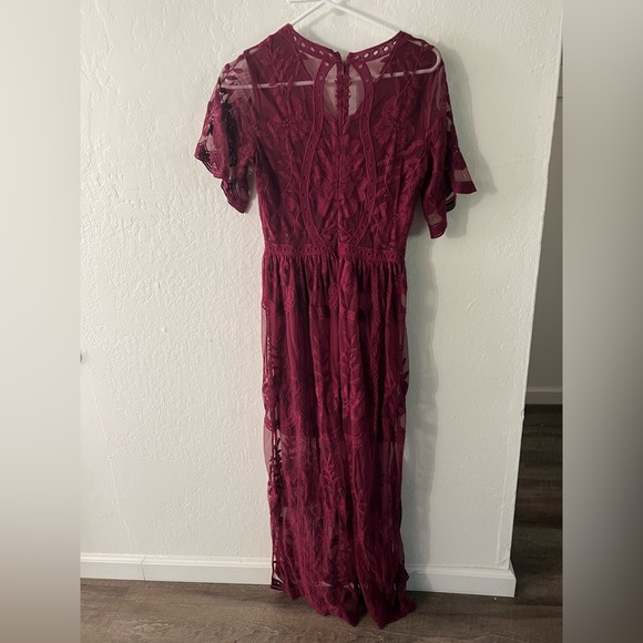 Boho Sodress burgundy Maroon Deep V Neck Short Sleeve Lace Maxi Dress Re… - Picture 3 of 4